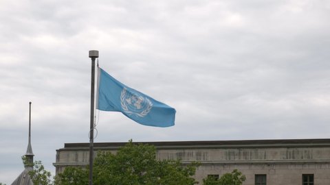 Quebec City / Canada - 08 12 2019: United Nations Flag Flying In Quebec City
