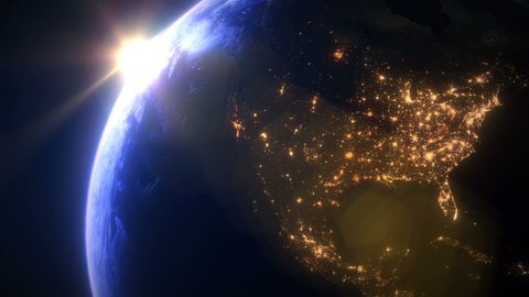 Slow Sunset Overt The North America. The Earth Seen From Space. The North American City Lights.	

