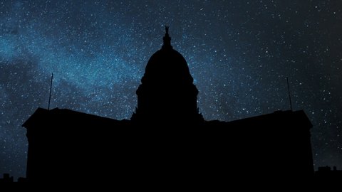 Capitol Building of Wisconsin in Silhouette, Time Lapse by Night with Stars and Milky Way, Madison, USA