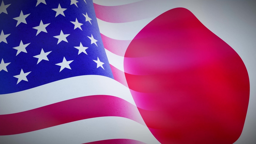 United states and Japan flags on a flagpole depict trade agreements and negotiations. Symbol of alliance between America and the Japanese. Seamless video loop. Royalty-Free Stock Footage #1060622245
