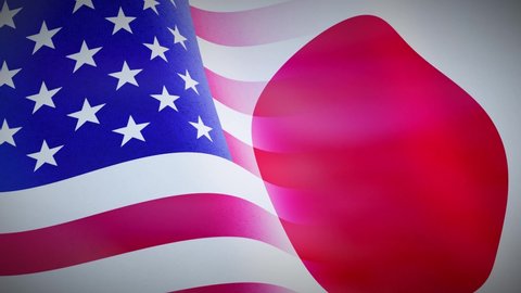 United states and Japan flags on a flagpole depict trade agreements and negotiations. Symbol of alliance between America and the Japanese. Seamless video loop.