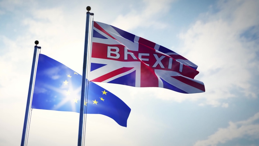 Brexit and European Union flags depict the problems and negotiation over Britain's exit. Europe and England having summits and talks over trade policy. Royalty-Free Stock Footage #1060622293