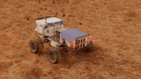 Martian rover drives across the rocky surface, observing the colonists base inside of the crater. 4K footage