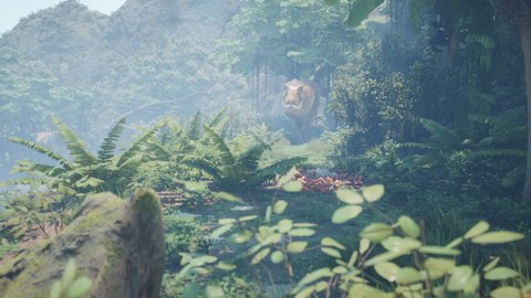 Prehistoric dinosaur Tyrannosaurus T-Rex hunts in the morning green jungle. View of the green prehistoric jungle forest on a Sunny morning.