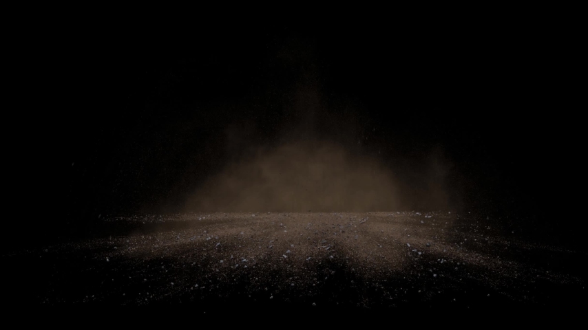 Debris from ground explosion with smoke and sand, black background with alpha