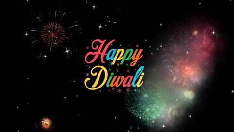 Happy Diwali Greeting Abstract Particles And Glitter Fireworks Greeting Card Text. Diwali Wishes Colorful Greeting Text Appearance From Blinking Particles Fireworks With Colorful Fireworks Background