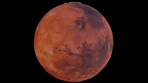 Seamless looped animation of rotation of the planet Mars. Isolated on black background. 4k 60 fps footage. 3d rendered
