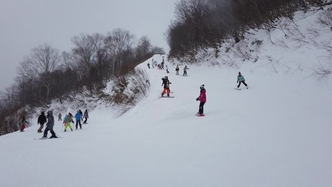 Hakuba, Japan - January 2 ,2020 : Many unidentified people enjoy ski at Hakuba 47 in Hakuba, Japan on January 2 ,2020.
