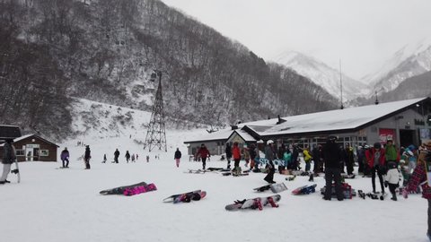 Hakuba, Japan - Jan 2 ,2020 : Many unidentified people prepare to ski at Hakuba 47 in Hakuba, Japan on Jan 2 ,2020.