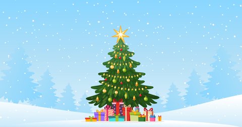 Cartoon stock footage for christmas and new year. Decorated Christmas tree with gifts in a snowy forest, snowfall. Festive winter animation