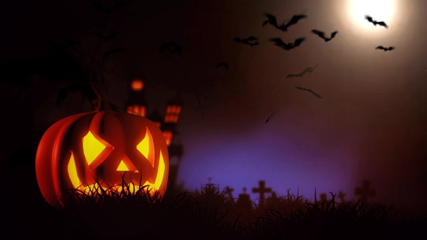Halloween Night Background 4K Animation. Pumpkin and flying Bats Halloween Night festival. The concept is blue sky, flying bats, Horror house, animated trees and grasses with Scary night. | Shutterstock HD Video #1060636579