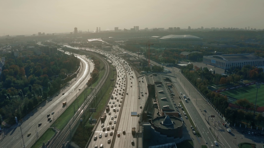 Aerial view of a busy urban highway in the morning. Moscow, Russia Royalty-Free Stock Footage #1060638496