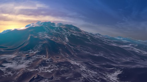 Seamless loop animation of ocean surface from underwater at sunset with rays of light. Crystal clear breaking ocean wave with animation waving of waterline.