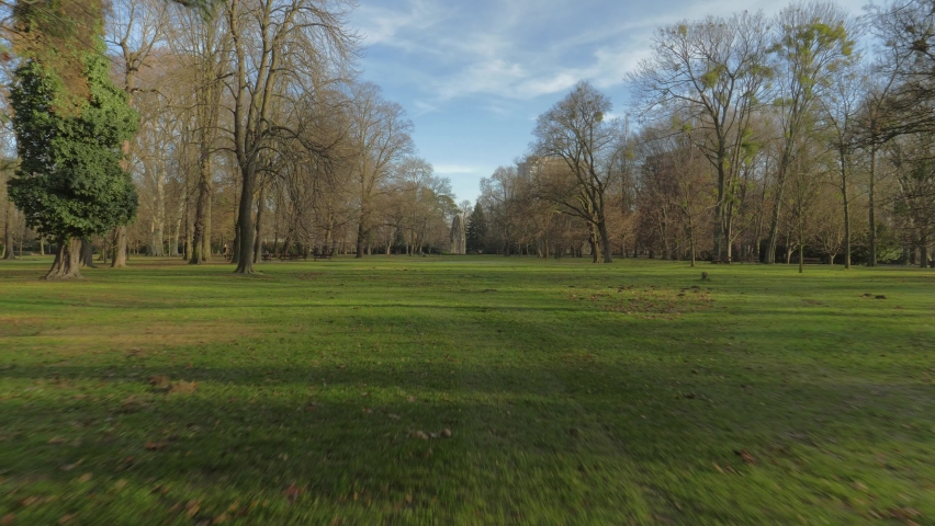Hyper lapse towards the famous monument at public park of the old church Sad Janka Krala in Bratislava,Slovakia