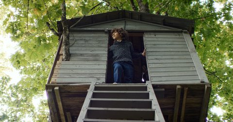 Caucasian kid boy talking to someone while playing in a tree house. Shot on RED Dragon with 2x Anamorphic lens
