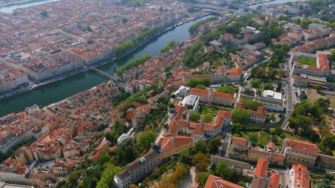 Lyon: Aerial view of historic city in French region of Auvergne-Rhône-Alpes - landscape panorama of France from above, Europe