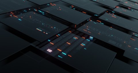 Abstract user interface head up displays, multiple screen with computer programming code and digital data telemetry information. 3D render, 4K seamless loop