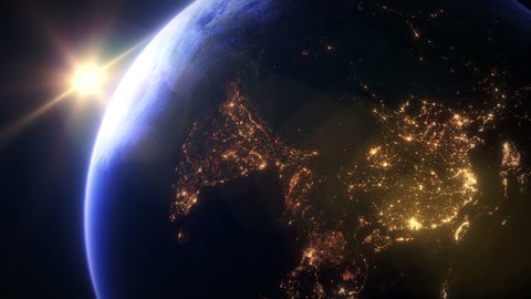 Slow Sunset Overt Asia. The Earth Seen From Space. Asian City Lights.	