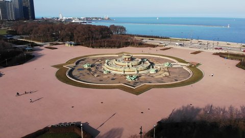 Buckingham Fountain Out of Service During Covid-19 Virus Lockdown, Chicago USA. Static Aerial View of Quiet Grant Park and Michigan Lake Lakefront