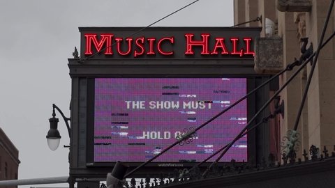 Detroit , Michigan / United States - 09 29 2020: Electronic marquee on Detroit Music Hall says the show must hold on