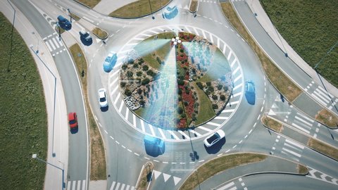 5G Smart City Roundabout With Motion Graphics of Antennas Radio Wave Controlling Autonomous Self Driving Cars. Futuristic IOT Wireless Concept