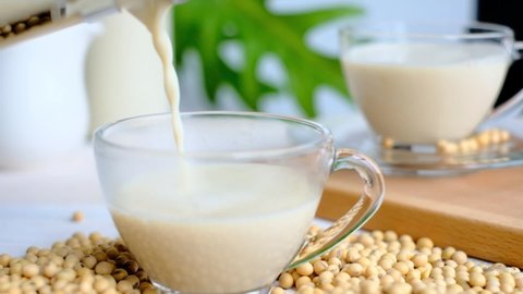 Soy milk / Bean milk poured into glass cup. Soy milk considered as plant-based drink for healthy vegetarian. Drinking hot soya drink or soy milk in morning is healthy. Plant based diet concept.