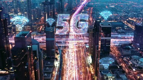 5G Wifi Network Panoramic Skyline Of Metropolitan City Aerial Drone Flight After Sunset Futuristic Technology Ai 5g Network Drone Low Light 4k