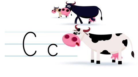 C letter writing like cow cartoon animation. A compatibile part of the alphabet serie. Handwriting educational style for children. Good for education movies, presentation, learning alphabet, etc...