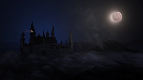 Spooky haunted castle with mist and fog. Establishing shot. Animated in 4K