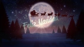 Animation of Feliz Navidad with full moon and silhouette of Santa Claus in sleigh being pulled by reindeers. Christmas festivity tradition celebration concept digitally generated image. - Powered by Shutterstock - Get 15% off with code: PIKWIZARD15