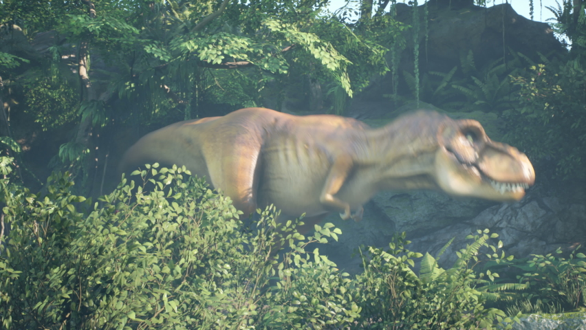 A predatory Tyrannosaurus Rex dinosaur sneaks up on its prey in the morning green jungle. View of the green prehistoric jungle forest on a Sunny morning. Royalty-Free Stock Footage #1060683952