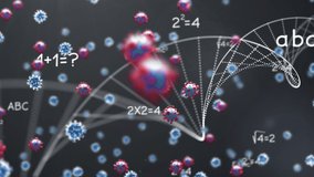 Animation of Covid 19 cells floating, multiple mathematical equations and white DNA strand spinning on grey background. Global coronavirus Covid 19 pandemic concept digitally generated image. - Powered by Shutterstock - Get 15% off with code: PIKWIZARD15