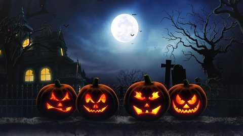 Four Jacks on a Graveyard Wall 4K Looping Background features four Jack-O-Lanterns on a wall with fire inside with a creepy house and graveyard in the background in a loop.