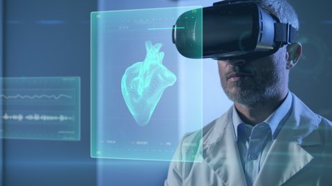 medical science new technology,male doctor using vr glasses virtual reality working on 3d human body parts,innovative scientist in laboratory room checking cyber charts graphics using ai