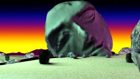 An animated surrealistic landscape with Vaporwave influence. Center of the scene is a big sculpture of a head. Animation by Argos Eyes Cinema