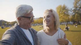Aged senior couple hugging having video call outdoors in autumn park