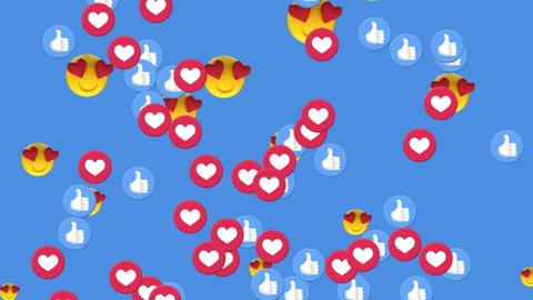 Animation of multiple smiley face, heart and thumbs up icons floating against blue background. Global social media network concept digitally generated image.