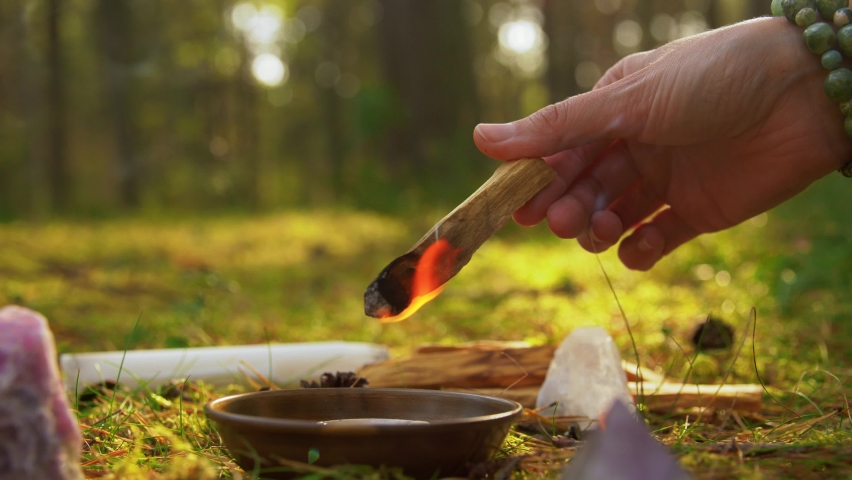 occult science and supernatural concept - young woman or witch with smoking palo santo stick performing magic ritual in forest Royalty-Free Stock Footage #1060692631