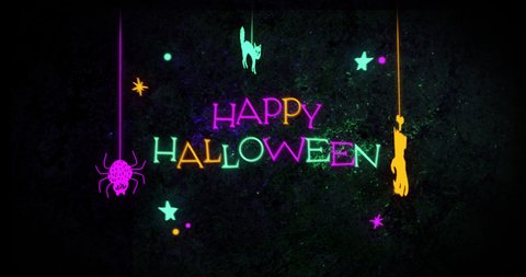 Animation of neon Happy Halloween text and decoration with hanging spider, cat and hand on black background. Halloween celebration and tradition concept digitally generated image.