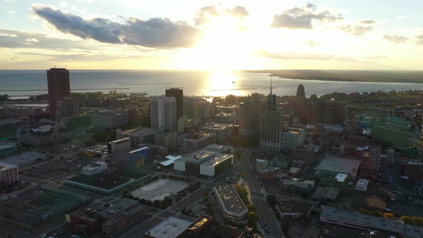Buffalo New York City Skyline Fall Autumn Sunset Sunrise Aerial 4K