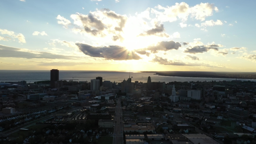 Buffalo New York City Skyline Fall Autumn Sunset Sunrise Aerial 4K
