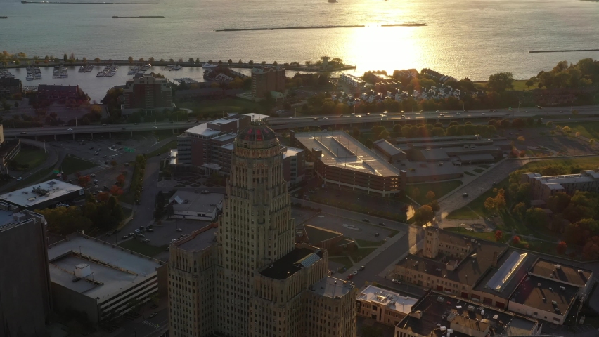 Buffalo New York City Skyline Fall Autumn Sunset Sunrise Aerial 4K
