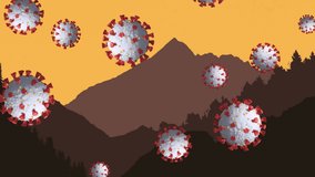 Animation of Covid-19 cells against landscape with mountains on yellow background. Global coronavirus Covid 19 pandemic concept digitally generated image. - Powered by Shutterstock - Get 15% off with code: PIKWIZARD15