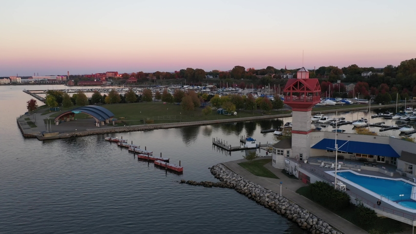 Lake Erie Pennsylvania Presque Isle State Park Bay Front City Skyline Fall Autumn Sunset Sunrise Aerial 4K