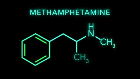 Methamphetamine from N-methylamphetamine Molecular Structure Symbol Neon Animation on black background