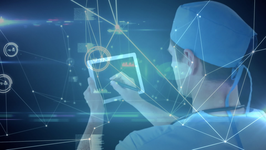 Network of connections and data processing against rear view of male surgeon using digital tablet against blue background. medicine research science and global networking concept | Shutterstock HD Video #1060696366