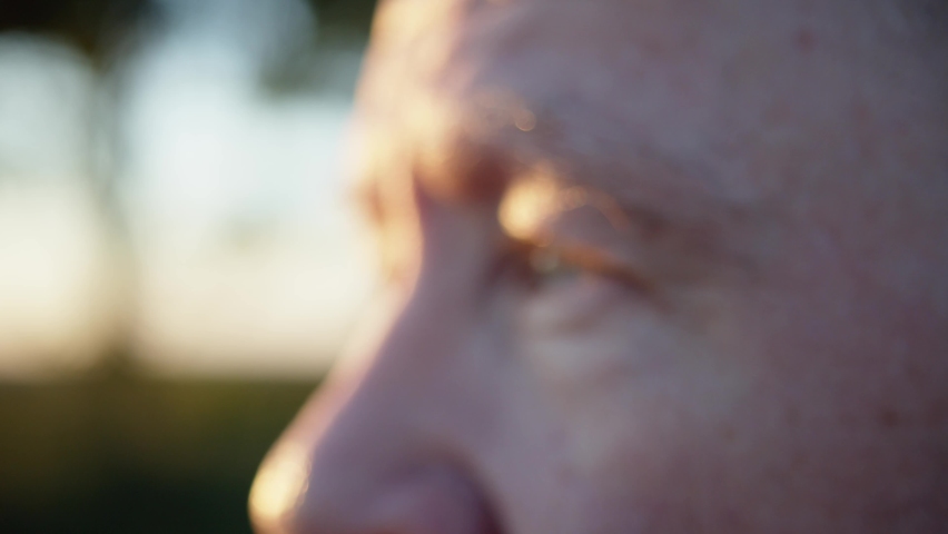 Senior man eyes close-up. Adult bearded male person looking at sunset in summer dusk enjoying twilight summer green nature. Humanity. Pensioner Healthcare. Human aging. Psychology concept. 4K | Shutterstock HD Video #1060701922