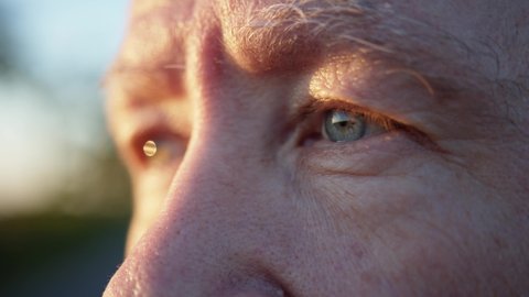 Senior man eyes close-up. Adult bearded male person looking at sunset in summer dusk enjoying twilight summer green nature. Humanity. Pensioner Healthcare. Human aging. Psychology concept. 4K