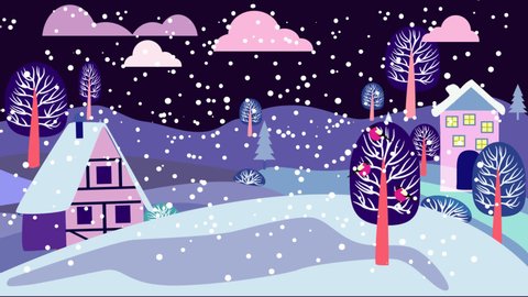 Cute Merry Christmas greeting card design with Winter country night landscape and  snowfall animation. Winter rural scene and house with smoke out of the chimney.  Video de stock