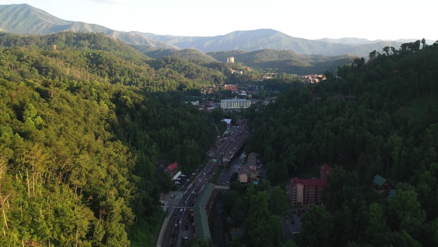 Gatlinburg, Tennessee USA. Aerial View of Freeway Entrance to City Under Great Smoky Mountains National Park, Drone Shot